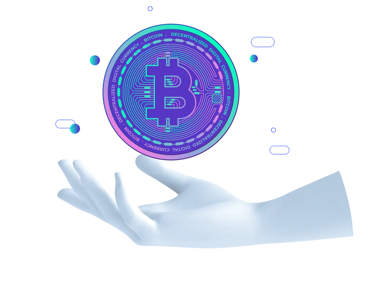 Ilustración 3D de una mano sosteniendo un Bitcoin digital, para BudaLink de Buda.com.